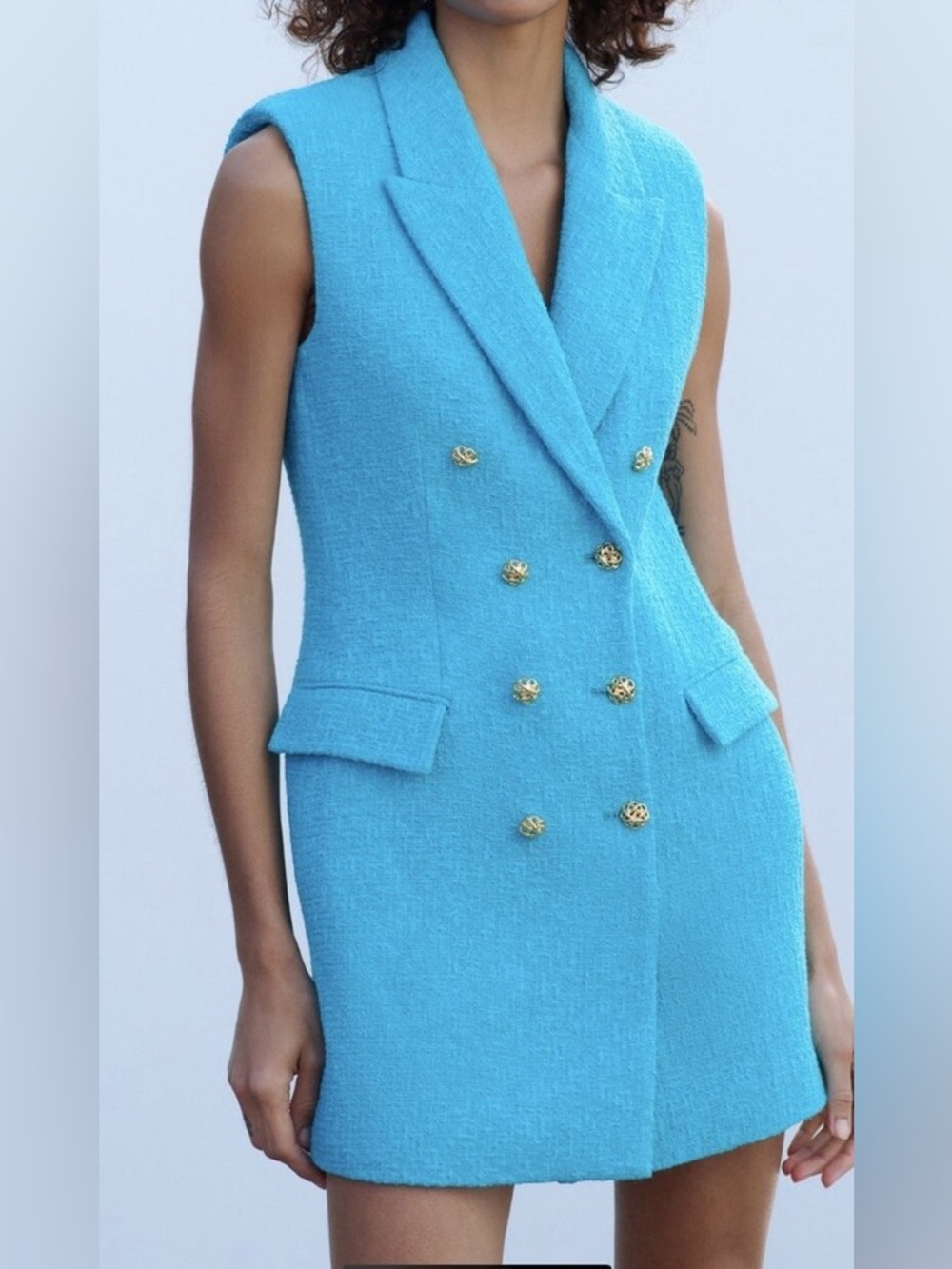 Zara Double-Breasted Sleeveless Dress in Bright Turquoise